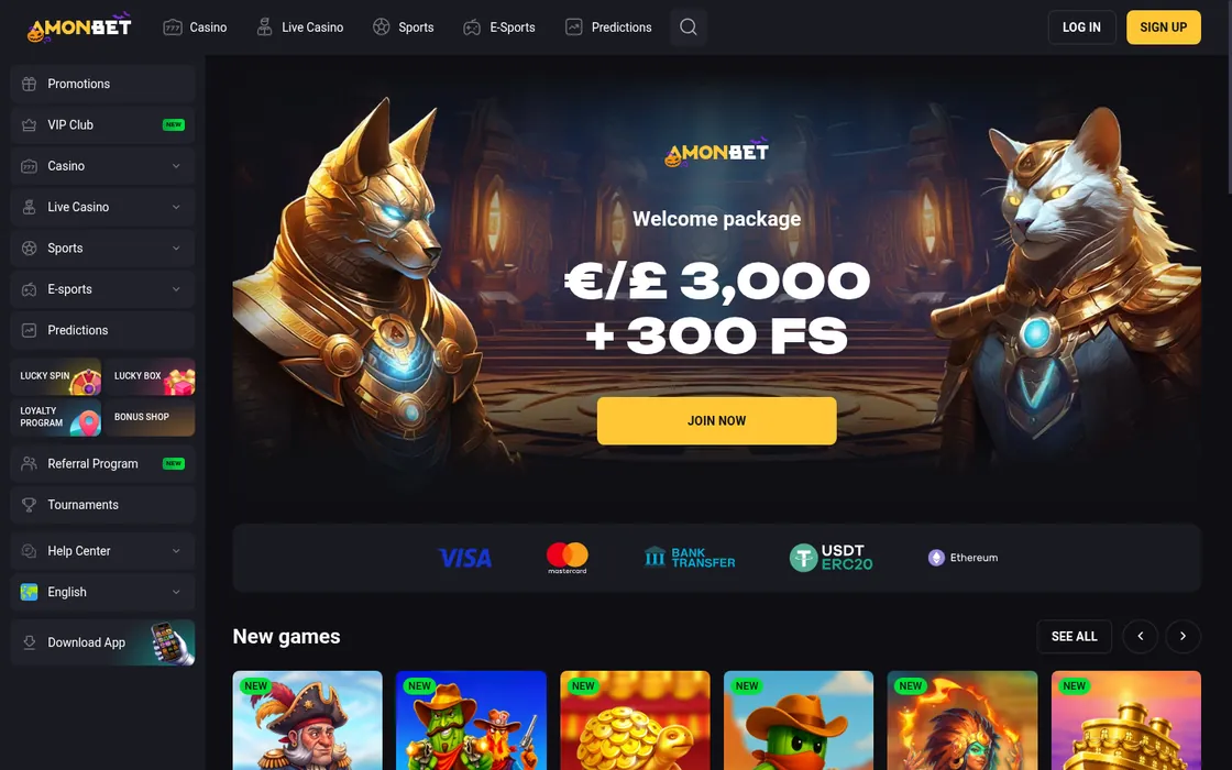 AmonBet’s welcome page as captured: its logo in a seasonal pumpkin version, the top and side menus, a welcome-package banner between two animal-headed figures, payment marks and a New games row