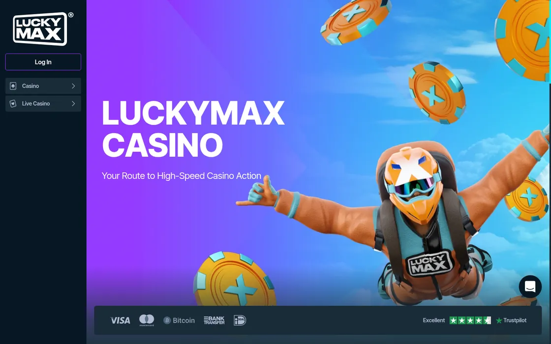 Lucky Max’s entry page as captured through a Canadian connection: its logo, a Log In button and a Casino menu beside a skydiving mascot, the words LUCKYMAX CASINO and a strip of payment marks